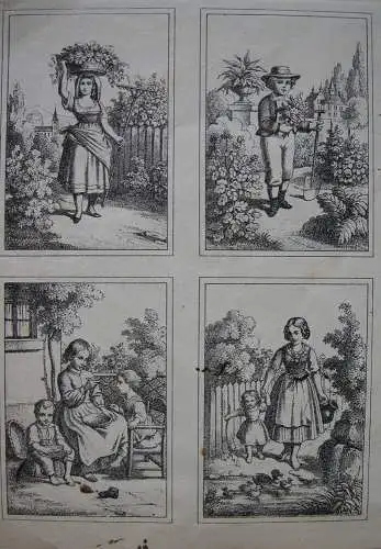 8 Kinderszenen auf einem Blatt Orig. Lithografien um 1840 Biedermeier