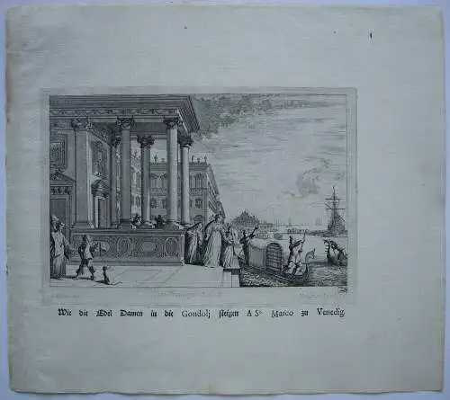 Melchior Küsel (1626-1683) Venedig Edeldamen vor Gondel Radierung 1671