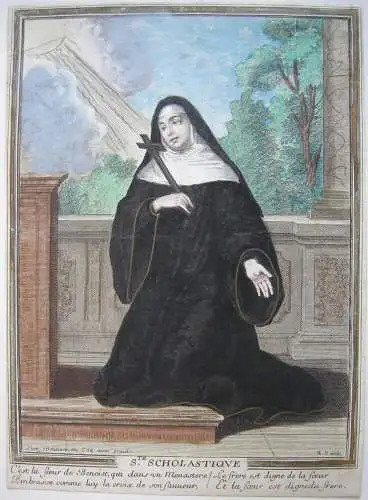 Hl. Scholastica von Nursia Norcia altokolor Orig Kupferstich 1780 