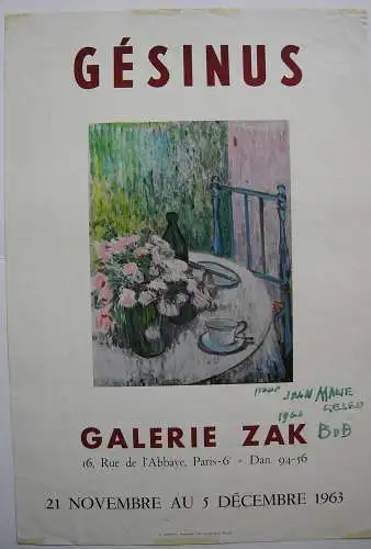 Bob Gesinus Orig Plakat Galerie ZAK Paris 1963 Widmung Dedicace 