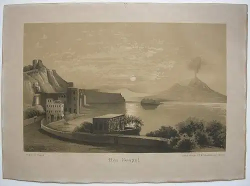 Bei Neapel Bucht Vesuv im Mondschein Italien Italia Orig Lithografie 1850 Napoli