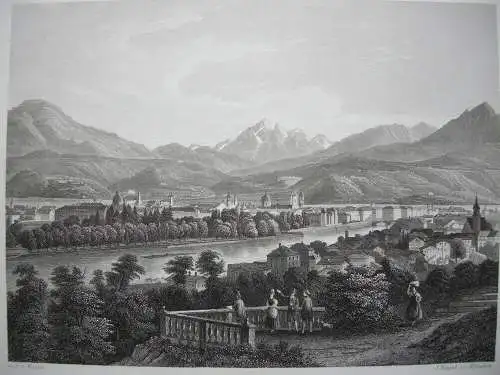 Innsbruck gegen Süden Tirol Österreich Orig. Aquatinta-Radierung 1840 