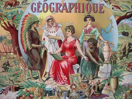 Spielplan Atlas Geographique Titel Orig Chromolithografie 1890 neuwertig