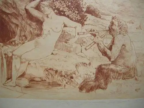 Wilhelm Volz (1955-1901) Faun mit Nymphe Orig Radierung um 1890 monogr