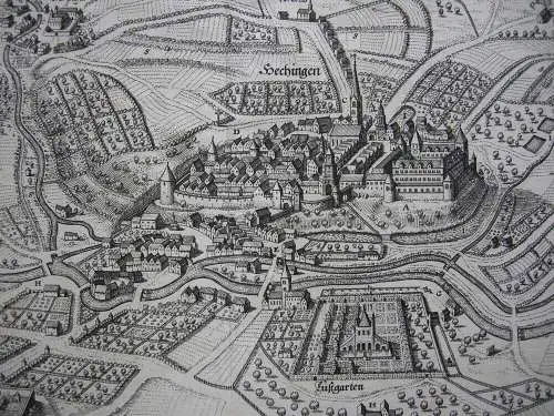 Hechingen Hohenzollern Vogelschau-Ansicht Orig. Kupferstich Merian 1650 Alb