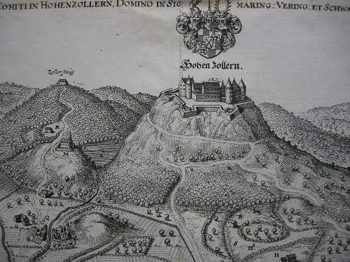 Hechingen Hohenzollern Vogelschau-Ansicht Orig. Kupferstich Merian 1650 Alb