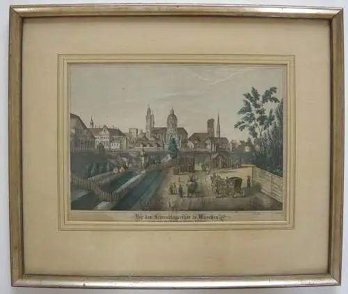 München Schwabinger Tor Orig Farblithografie J. Klink 1760 gerahmt