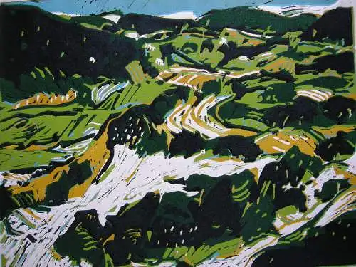 Simon P. Meyler  (1969) Abstrakte hügelige Landschaft Orig Serigrafie 1993 4/9