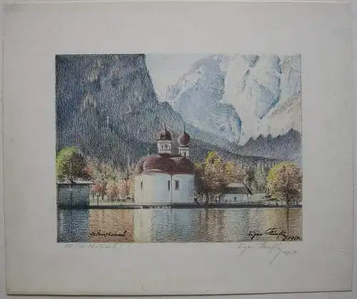 St. Bartholmä Königssee Berchtesgaden Orig Farblithografie Eugen Heinfling 1954