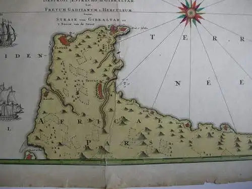 Cádiz Gibraltar España kolor Orig Kupferstichkarte Mapa 1740 Spanien