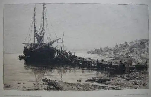 Wilhelm Unger (1837-1932) Morgenstimmung im Hafen von Ika Orig Radierung 1920