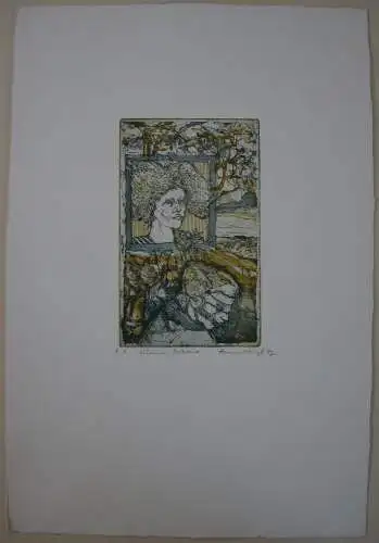 Anne Häupl (1943) Kleines Portrait Orig Farbradierung signiert 1977 Probedruck