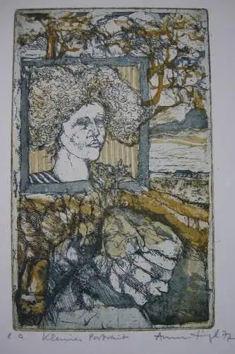 Anne Häupl (1943) Kleines Portrait Orig Farbradierung signiert 1977 Probedruck