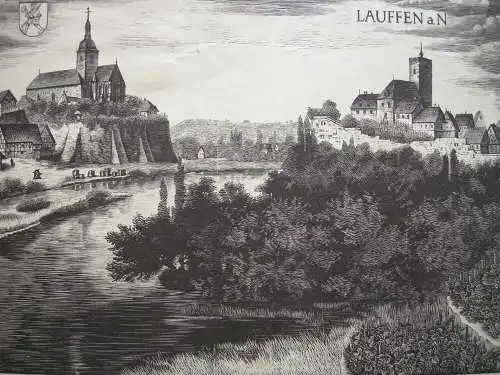 Lauffen Neckar Baden Württemberg Ansicht Orig Holzschnitt V. Himmel 1930 sign