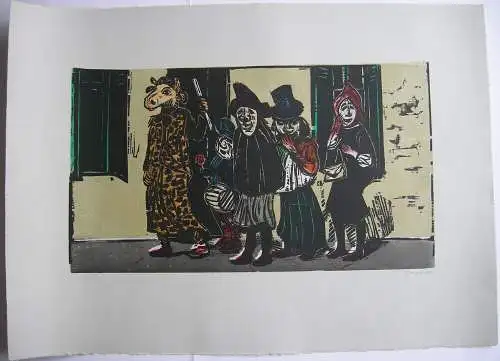 Wilhelm Grimm (1904-1986) Basler Karneval Orig Farbholzschnitt signiert