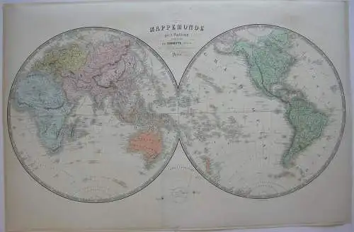 Mappemonde Weltkarte zwei Hemisphären Orig Farblithogrfie Vuillemin 1860 