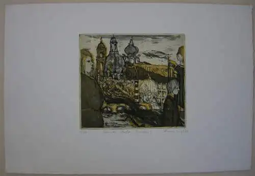 Anne Häupl (1943) Fremde Stadt (Dresden) Orig Farbradierung signiert 1978