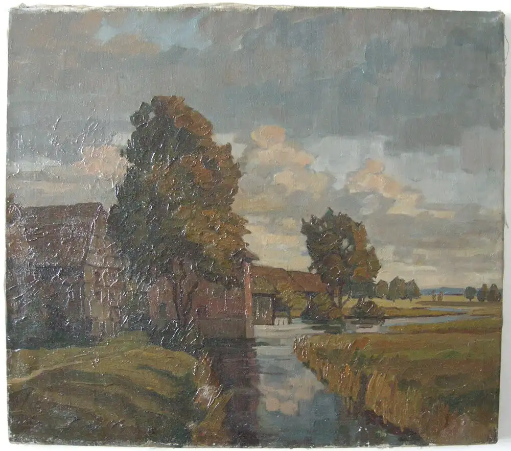 Erwin Steiner (1893-1953) Dorf an Bachlandschaft Öl auf Leinen sign 1927 0