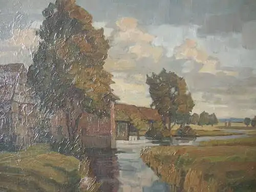 Erwin Steiner (1893-1953) Dorf an Bachlandschaft Öl auf Leinen sign 1927