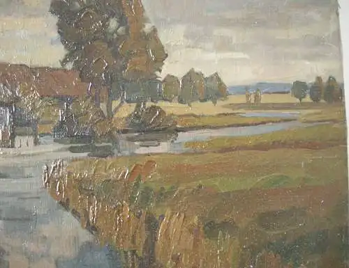 Erwin Steiner (1893-1953) Dorf an Bachlandschaft Öl auf Leinen sign 1927