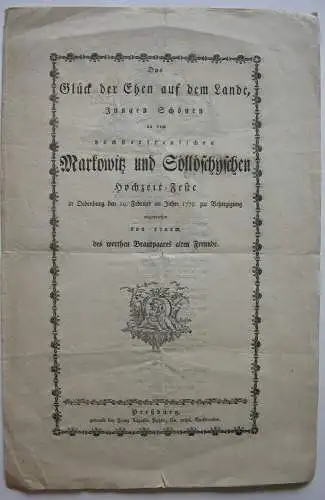 Hochzeits-Glückwünsche Festzeitung Preßburg 1778 Markowitz Söllöschy Sopron 