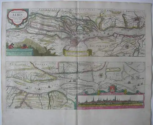 Elbe Hamburg Ansicht Stromkarte altkolor Orig Kupferstichkarte Janssonius 1650