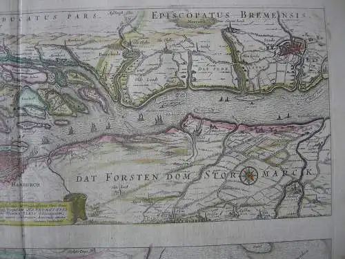 Elbe Hamburg Ansicht Stromkarte altkolor Orig Kupferstichkarte Janssonius 1650