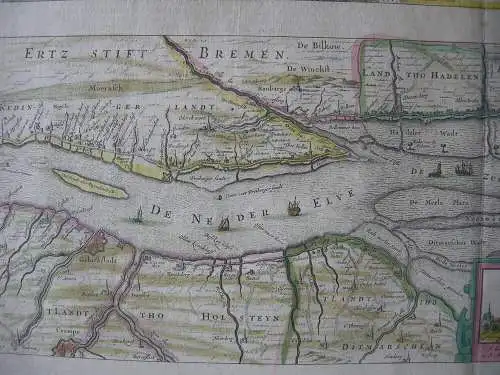 Elbe Hamburg Ansicht Stromkarte altkolor Orig Kupferstichkarte Janssonius 1650