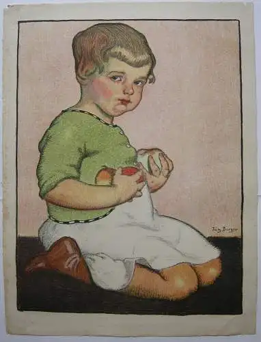 Fritz Burger (1867-192) Knieendes Mädchen mit Apfel Orig Lithografie 1910 sign