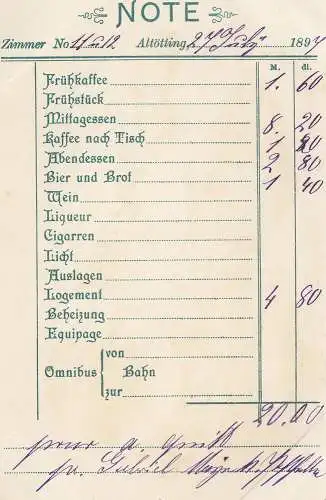 Altötting Hotel Post rückseitig Restaurant-Rechnung Litho gel 1897