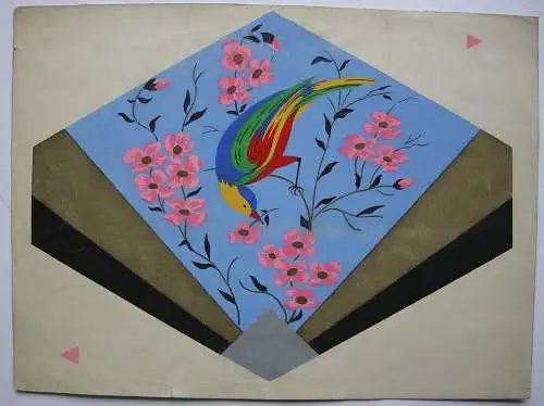 Fächer mit Blumen und Paradisevogel Art Deco französisches Orig Pochoir um 1910