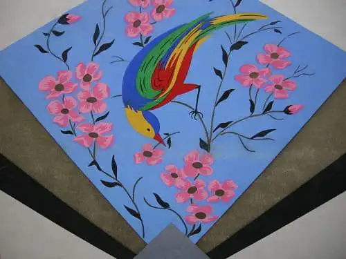 Fächer mit Blumen und Paradisevogel Art Deco französisches Orig Pochoir um 1910