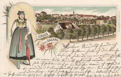 Dachau Gesamtansicht Allee Dachauer Tracht Litho gel 1899