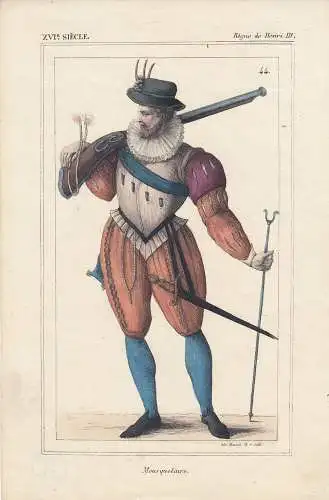 Uniform Musketier 16. Jahrhundert unter Henri III Frankreich Lithografie 1850