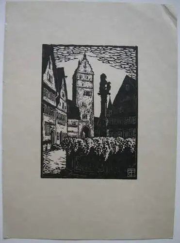 Carl Thiemann (1881-1966) Dinkelsbühl Wörnitz Tor Orig Holzschnitt 1921