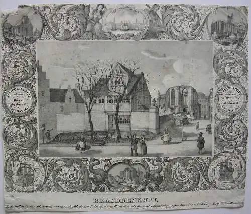 Hamburg Branddenkmal Totengräber Häuschen Orig Kreidelithografie 1842 