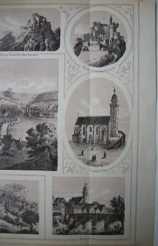 Nürtingen Souvenirblatt Gesamtansicht 9 Teilansichten Orig Lithografie 1869