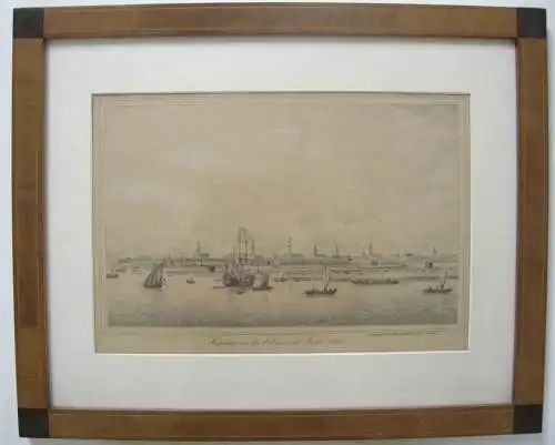 Hamburg von der Elbseite im Jahre 1700 Getönte Lithographie um 1830 gerahmt 