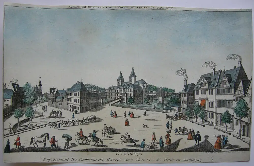 Vue d’optique Szczecin Stettin Polen Pferdemarkt 1750 kolor Orig Kupferstich 0