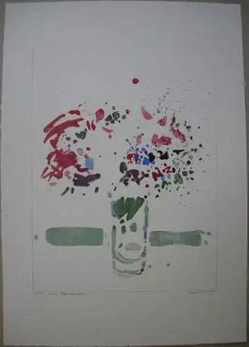 Oskar Koller aquarellierte Lithographie Blumenstilleben signiert 1975 