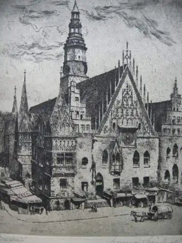 Breslau Wroclaw Rathaus Orig Radierung B. Reinhard um 1910 signiert Polen Slask