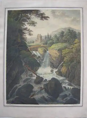 Johann Jakob Dorner d. J. Orig. Lithographie 1817 Wasserfall nach Hobbema 