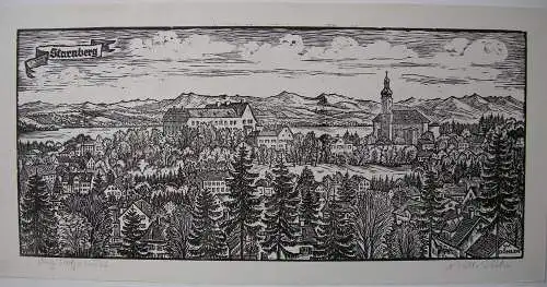 Starnberg Stadtansicht zum See Orig Holzschnitt Willi Döhler 1940 Oberbayern 