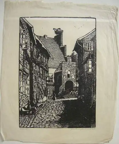 M. Viol Gasse in Mölln Schleswig Holstein Orig Holzschnitt 1930 signiert  