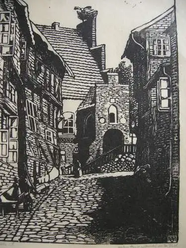 M. Viol Gasse in Mölln Schleswig Holstein Orig Holzschnitt 1930 signiert