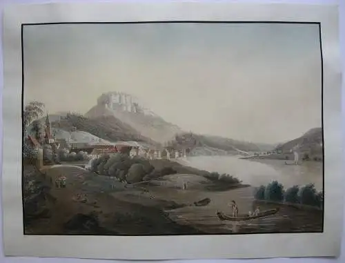 Königstein Sachsen Elbtal Lilienstein aquarellierte Umrissradierung Günther 1790