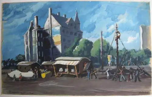 München Der Zirkus wird aufgebaut in Giesing Orig Gouache 1948 signiert