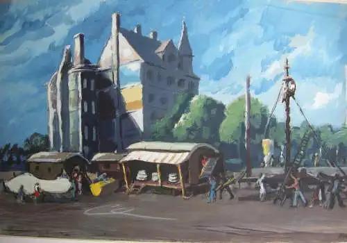 München Der Zirkus wird aufgebaut in Giesing Orig Gouache 1948 signiert