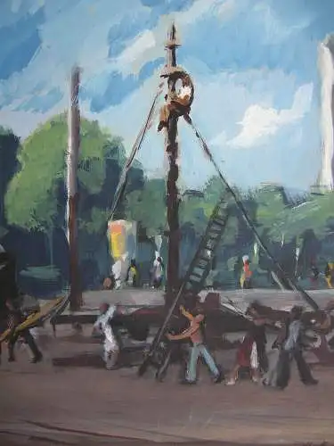 München Der Zirkus wird aufgebaut in Giesing Orig Gouache 1948 signiert