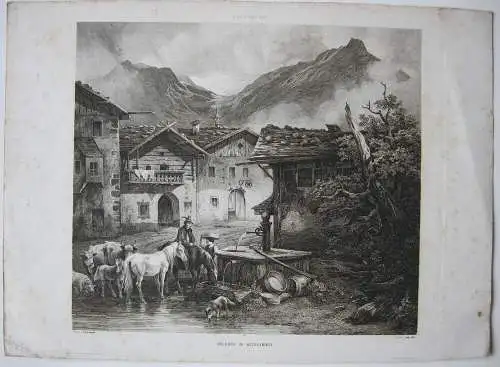 Brunnen im Hochgebirge Orig Kupferstich Carl Post nach Gauermann 1850